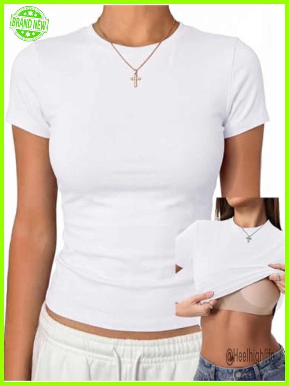 Womens Fitted Crop T Shirt Built in Bra Cotton Stretch Short Sleeve